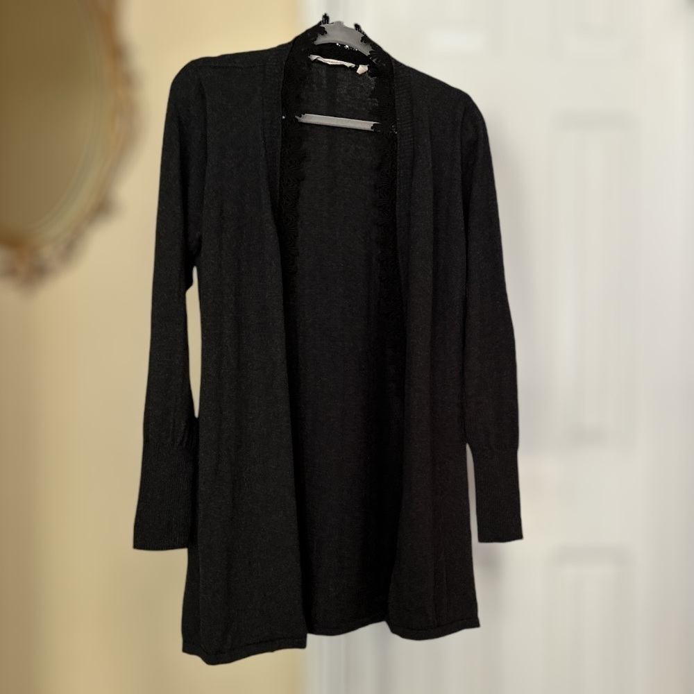 Soft Surroundings Cotton/Cashmere Blend Open Long Line Lace Placket Cardigan